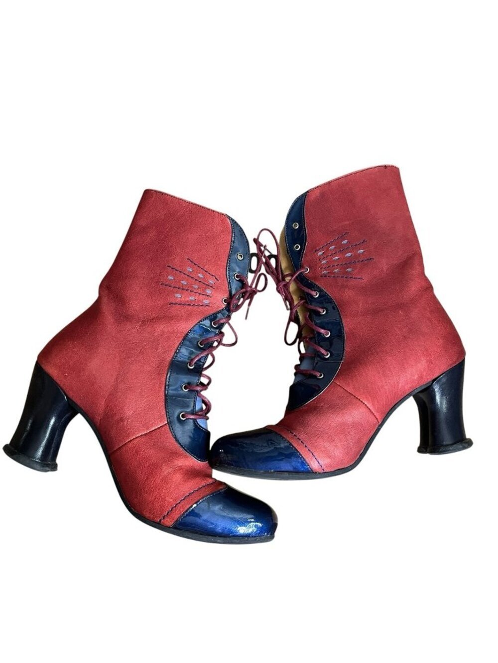 John Fluevog Red And Blue Lace Up Victorian Style Heart Heel Boots Size 7